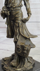 Cowboy Holding Horse Saddle Bronze Statue Sculpture Figure Western 13" x 6"
