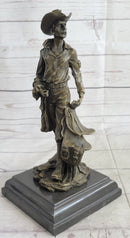 Cowboy Holding Horse Saddle Bronze Statue Sculpture Figure Western 13" x 6"