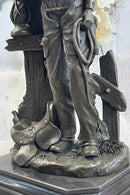 Cowboy Saddling Horse Stables Barn Bronze Statue Sculpture Figure 16" x 8"