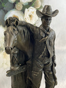Cowboy Saddling Horse Stables Barn Bronze Statue Sculpture Figure 16" x 8"