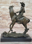 Bronze Western Sculpture Cowboy on Horseback Statue Figure 14" x 11"