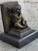 Signed Moreau French Artist Baby Angel Bookend Book end Bronze Sculpture