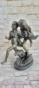 Two Running Boys with a dog Children Bronze Sculpture Marble Base Statue Figure