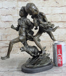 Two Running Boys with a dog Children Bronze Sculpture Marble Base Statue Figure