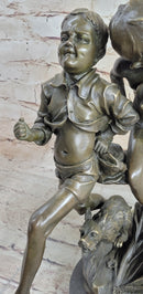 Two Running Boys with a dog Children Bronze Sculpture Marble Base Statue Figure
