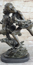 Two Running Boys with a dog Children Bronze Sculpture Marble Base Statue Figure