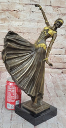 Chiparus Fan Dress Dancer Girl Art Deco Bronze Sculpture on Marble Base