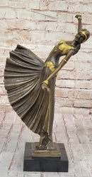 Chiparus Fan Dress Dancer Girl Art Deco Bronze Sculpture on Marble Base