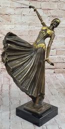 Chiparus Fan Dress Dancer Girl Art Deco Bronze Sculpture on Marble Base