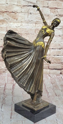 Chiparus Fan Dress Dancer Girl Art Deco Bronze Sculpture on Marble Base
