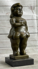 Fernando Botero Chubby Young Woman in Skirt Modern Art Sculpture Statue Figure on Marble Base