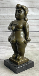 Fernando Botero Chubby Young Woman in Skirt Modern Art Sculpture Statue Figure on Marble Base