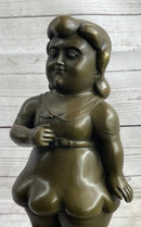 Fernando Botero Chubby Young Woman in Skirt Modern Art Sculpture Statue Figure on Marble Base