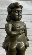 Fernando Botero Chubby Young Woman in Skirt Modern Art Sculpture Statue Figure on Marble Base
