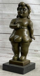 Fernando Botero Chubby Young Woman in Skirt Modern Art Sculpture Statue Figure on Marble Base