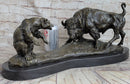 Bear vs. American Buffalo Bison Bronze Metal Statue Sculpture on Marble Base