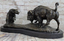 Bear vs. American Buffalo Bison Bronze Metal Statue Sculpture on Marble Base