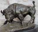 Bear vs. American Buffalo Bison Bronze Metal Statue Sculpture on Marble Base