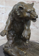 Bear vs. American Buffalo Bison Bronze Metal Statue Sculpture on Marble Base