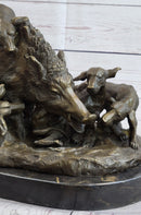 Handmade Vintage Lecourtier Wild Boar & Dogs Bronze Sculpture Figurine Figure
