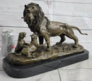 Signed Barye Male Lion With Cubs Bronze Figurine Sculpture Statue Animal Art