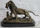 Signed Barye Male Lion With Cubs Bronze Figurine Sculpture Statue Animal Art