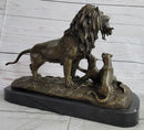Signed Barye Male Lion With Cubs Bronze Figurine Sculpture Statue Animal Art