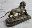Signed Barye Male Lion With Cubs Bronze Figurine Sculpture Statue Animal Art