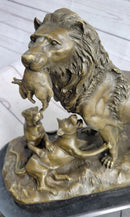 Signed Barye Male Lion With Cubs Bronze Figurine Sculpture Statue Animal Art