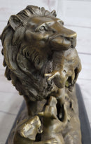 Signed Barye Male Lion With Cubs Bronze Figurine Sculpture Statue Animal Art