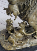 Signed Barye Male Lion With Cubs Bronze Figurine Sculpture Statue Animal Art