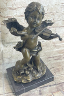 Cherub Child Angel Playing Violin Bronze Metal Statue Sculpture Memorial Decor Marble Base
