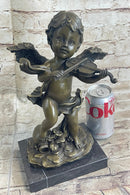 Cherub Child Angel Playing Violin Bronze Metal Statue Sculpture Memorial Decor Marble Base