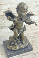 Cherub Child Angel Playing Violin Bronze Metal Statue Sculpture Memorial Decor Marble Base
