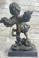 Cherub Child Angel Playing Violin Bronze Metal Statue Sculpture Memorial Decor Marble Base