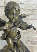 Cherub Child Angel Playing Violin Bronze Metal Statue Sculpture Memorial Decor Marble Base
