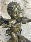Cherub Child Angel Playing Violin Bronze Metal Statue Sculpture Memorial Decor Marble Base