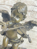 Cherub Child Angel Playing Violin Bronze Metal Statue Sculpture Memorial Decor Marble Base