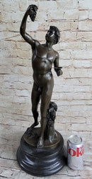 Signed Michelangelo Nude Young Dionysus Greek God Grape Harvest Bronze Figurine