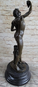 Signed Michelangelo Nude Young Dionysus Greek God Grape Harvest Bronze Figurine