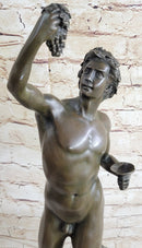 Signed Michelangelo Nude Young Dionysus Greek God Grape Harvest Bronze Figurine