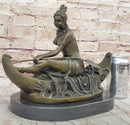 Semi Nude Topless Native American Girl in Canoe Boat Bronze Statue Sculpture Art