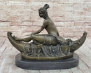 Semi Nude Topless Native American Girl in Canoe Boat Bronze Statue Sculpture Art