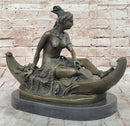 Semi Nude Topless Native American Girl in Canoe Boat Bronze Statue Sculpture Art