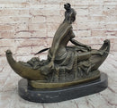 Semi Nude Topless Native American Girl in Canoe Boat Bronze Statue Sculpture Art