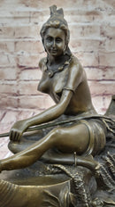Semi Nude Topless Native American Girl in Canoe Boat Bronze Statue Sculpture Art