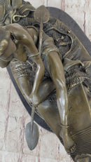 Semi Nude Topless Native American Girl in Canoe Boat Bronze Statue Sculpture Art