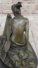 Semi Nude Topless Native American Girl in Canoe Boat Bronze Statue Sculpture Art