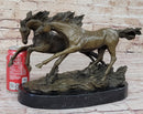Two Horses Running Galloping - Signed Original Bronze Art Sculpture on Marble Base