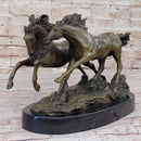 Two Horses Running Galloping - Signed Original Bronze Art Sculpture on Marble Base